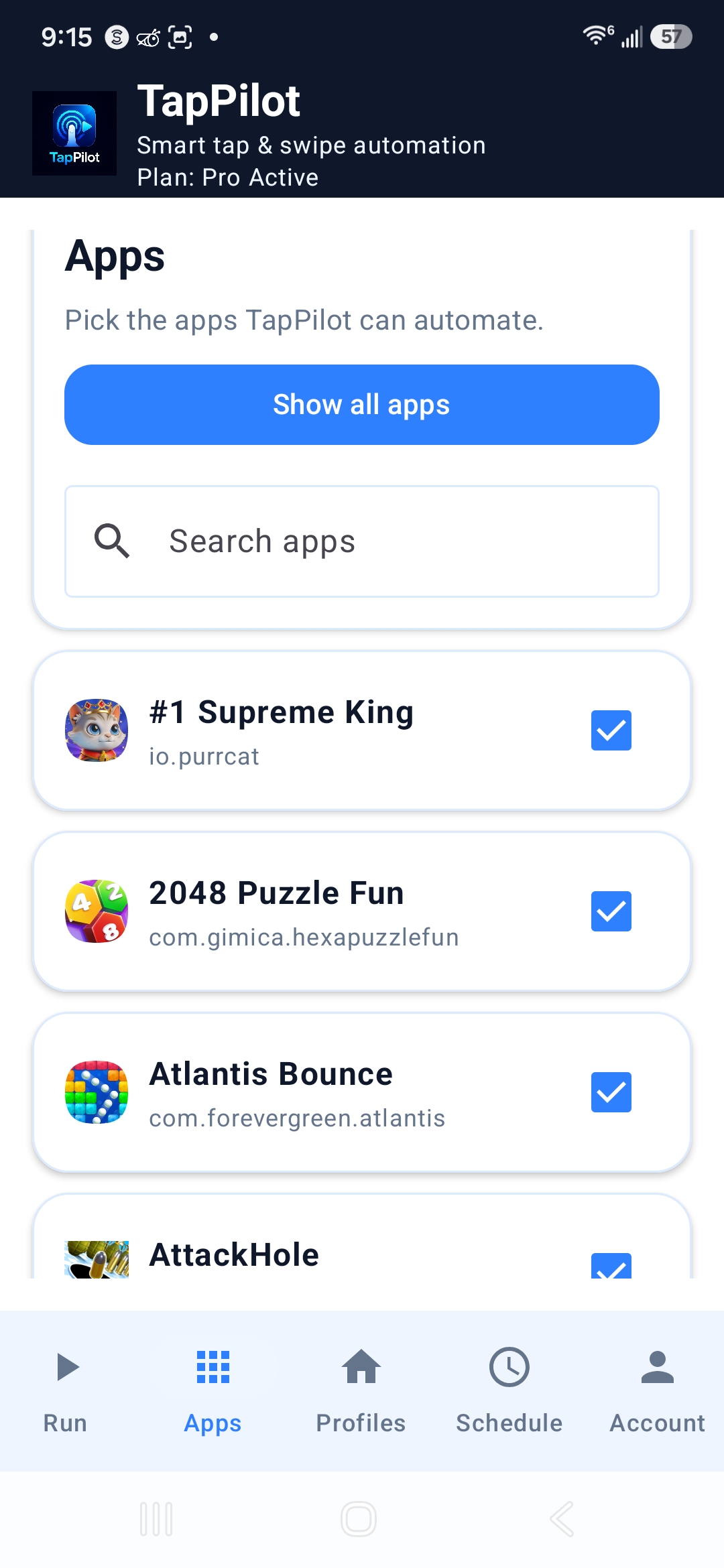 TapPilot Pro apps screen with multiple selected apps